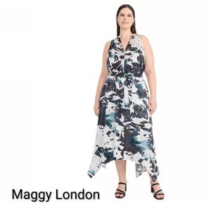 Maggy London Abstract Print Handkerchief Asymmetrical Hem Midi Dress Plus Sz 14W